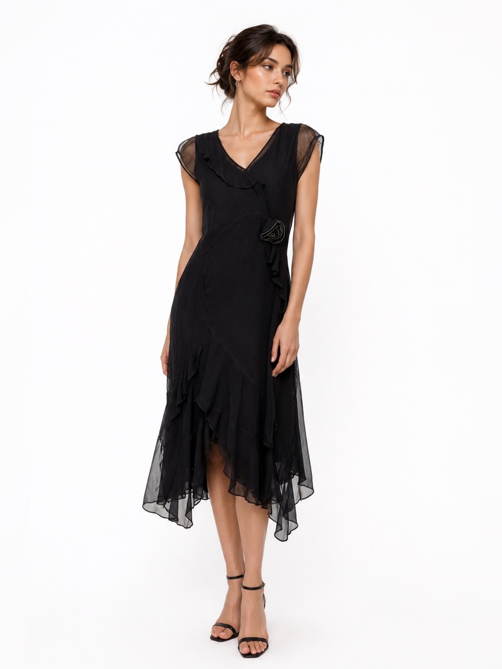 NWOT Vintage Nataya Black Asymmetrical Dress Floral Rosette Accent Medium